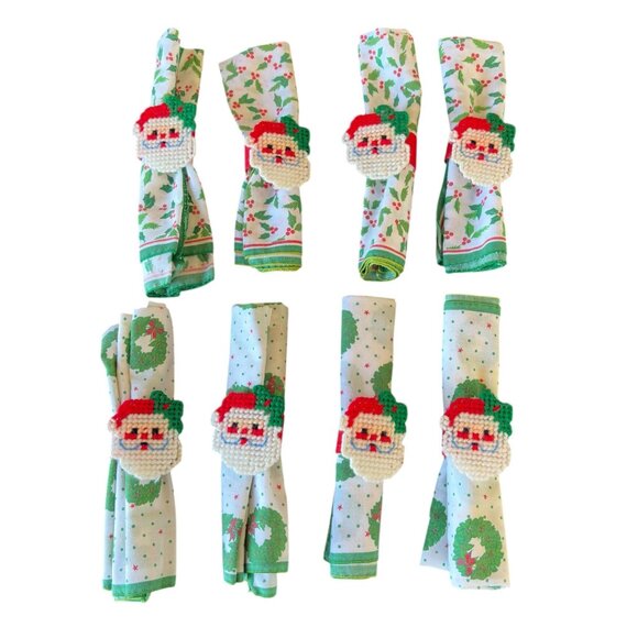 VTG 1970's Christmas Napkins With Needlepoint Napkin Rings Set Of 8" - Picture 1 of 3